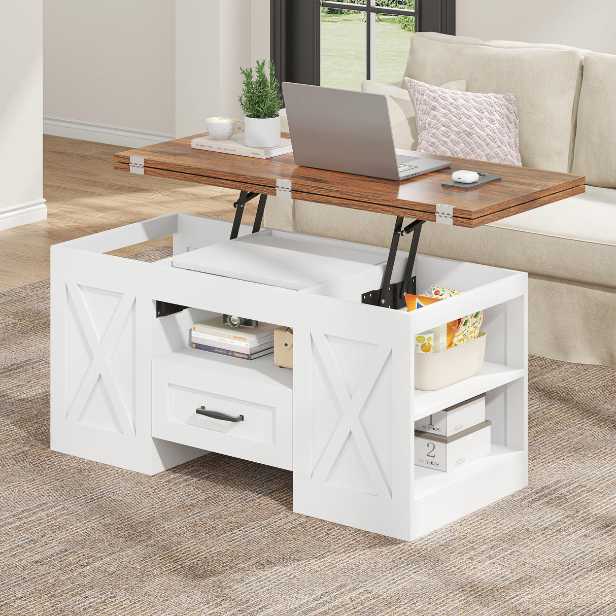 kepptory 39.4'' Lift Top Coffee Table with Storage, 4 in 1 Multi-Function Convertible Coffee Tables for Living Room, Farmhouse Coffee Table with Open Storage Compartment & Drawers (Brown&White) kepptory