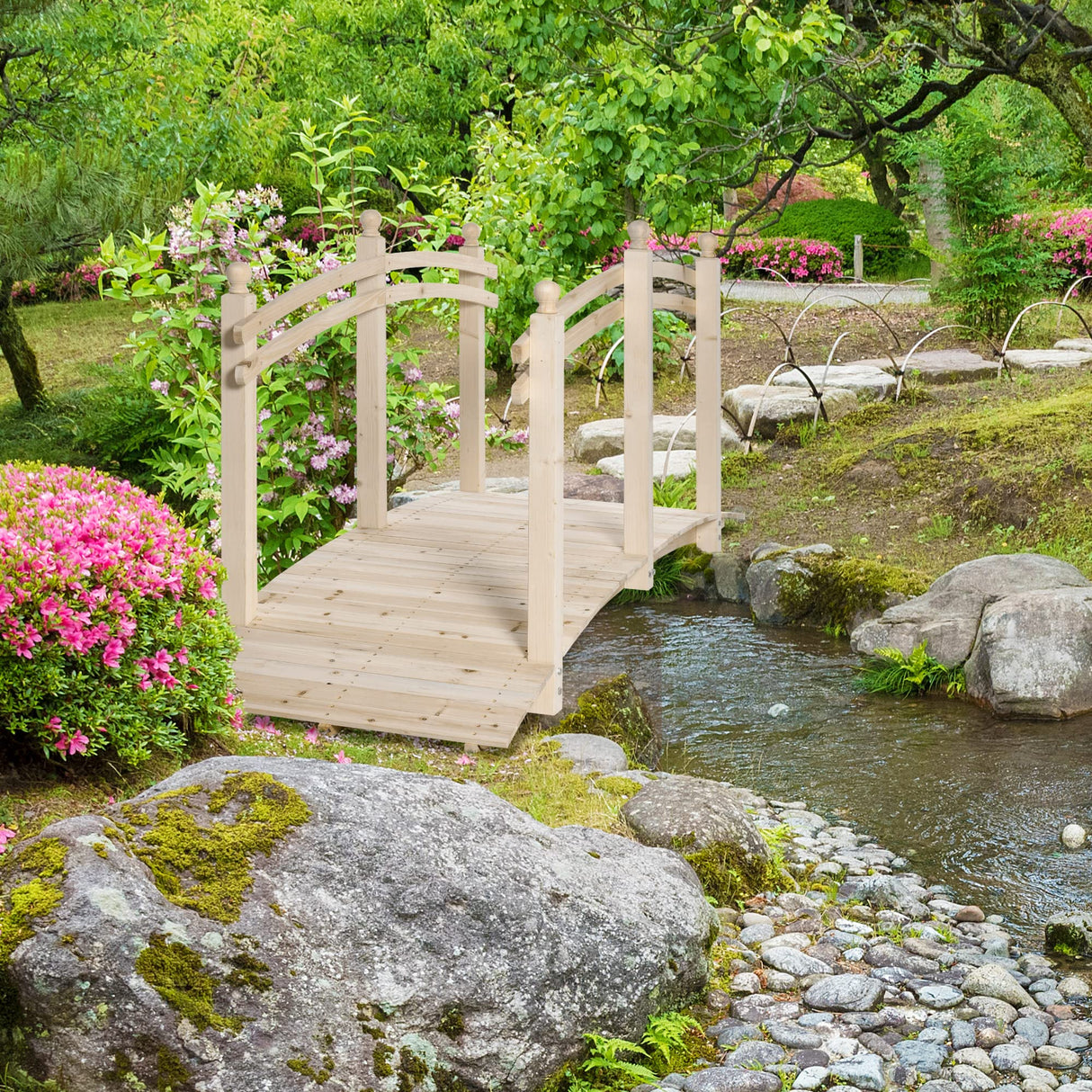 Outsunny 7.5' Wooden Arch Garden Bridge, Safety Rails for Backyard Ponds, Creeks, Streams, Natural Aosom