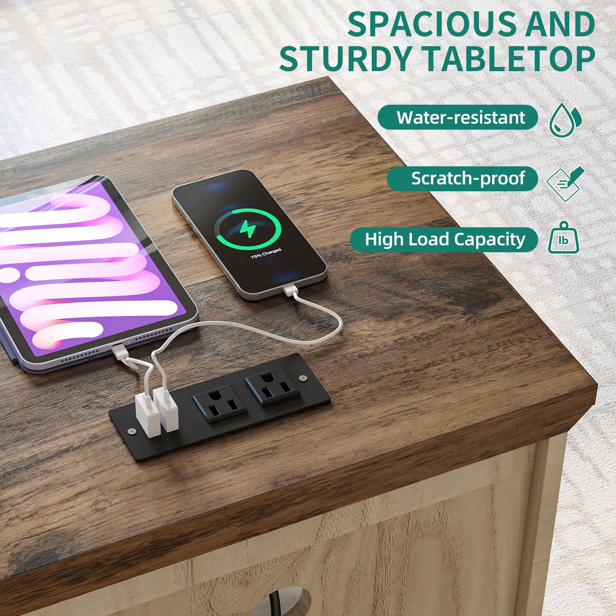 YITAHOME Farmhouse Nightstand with Charging Station, 2 Drawers Night Stand for Bedroom, LED End Table Side Table w/Open Shelf, Set of 2, Off White+Walnut Grain YITAHOME