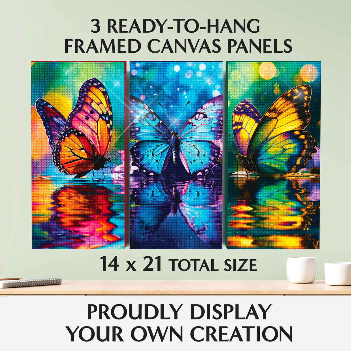 ArtSkills Diamond Painting Kit, Diamond Art Ready to Hang Framed Canvas with Storage and Accessory Kit, Enchanted Butterflies, 3 Stretched Canvas Panels, 14” x 7” Each ArtSkills