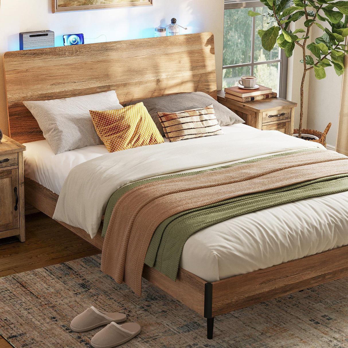 LINSY Wood Bed Frame, Full Bed Frame with Headboard LED, Wooden Platform Frames with Charging Station, No Box Spring Needed, Easy Assembly, Rustic Brown LINSY