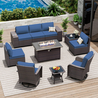 ASJMR 10 Pieces Patio Furniture Set with 2 Swivel Chairs Patio Furniture Outdoor Sectional Sofas with 55000 Gas Fire Pit Patio Conversation Set w/7 Cushions-Blue