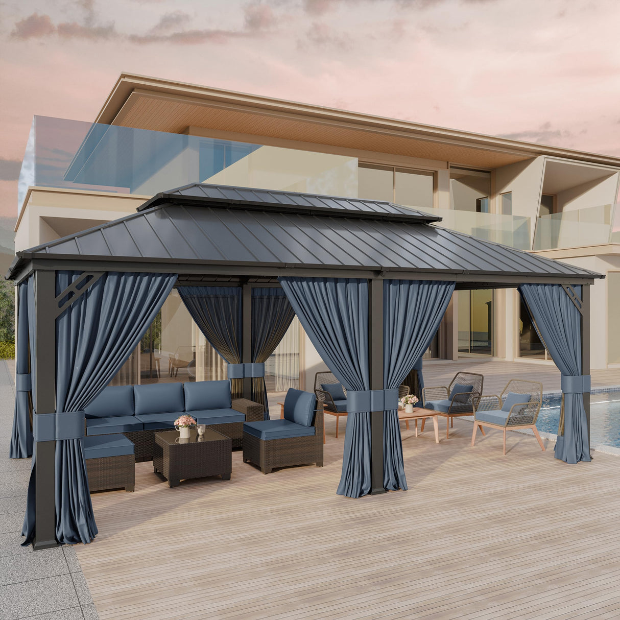 Kurapika 12' x 20' Hardtop Outdoor Metal Gazebo with Galvanized Steel Double Roof Canopy, Curtain and Netting, Aluminum Permanent Pavilion Gazebo, Navy Blue Kurapika