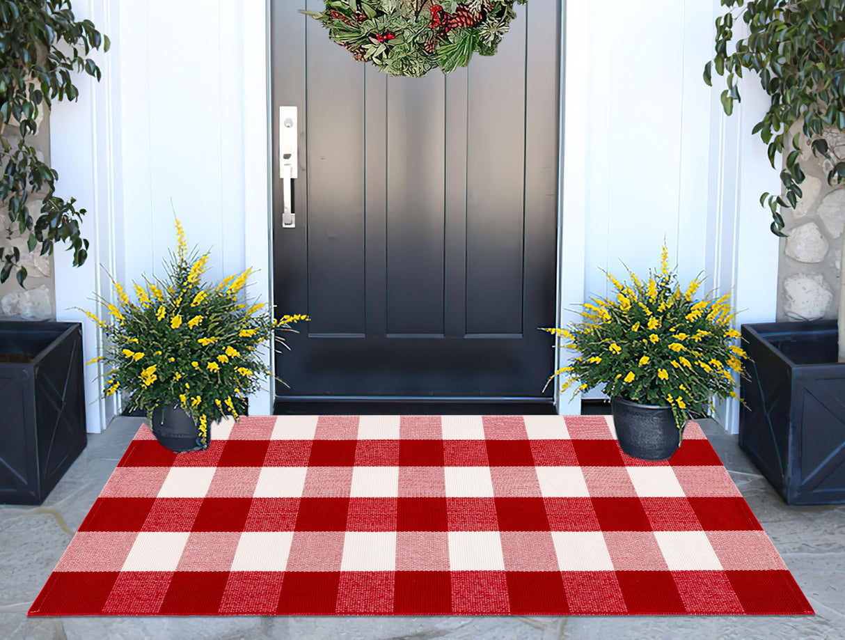 Christmas Outdoor Rugs 24 x 51''Red White Buffalo Plaid Front Porch Rug Hand-Woven Machine Washable Indoor/Outdoor Layered Door Mats for Entryway/Bedroom/Outdoor BUAGETUP