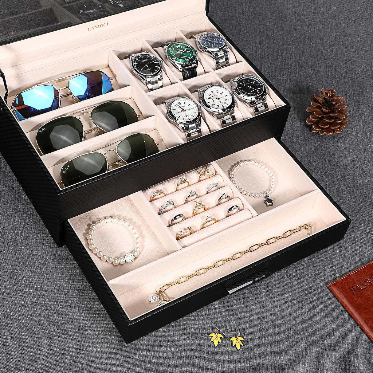 LANDICI Watch Box for Men Women 2 Layer PU Leather Watch Organizer Storage Case,Large Jewelry Box Watch Holder Organizer Display for Watch Sunglasses Bracelet Necklace Ring,Black & Apricot LANDICI