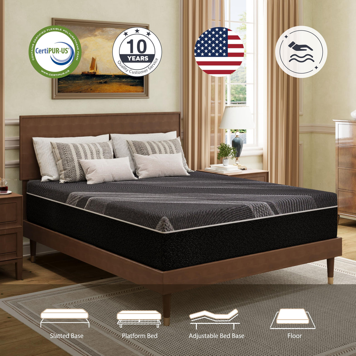 Dyonery King Mattress 10 Inch Charcoal Memory Foam in a Box, CertiPUR-US Certified Fiberglass Free, Gel Double Mattress, Made in The USA of US Foam, 80" × 76" × 10", Medium Dyonery
