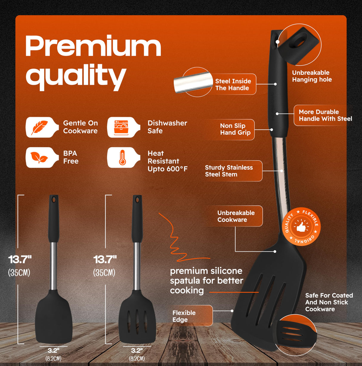 BakeRoyal Silicone Spatula Set - Turner Spatulas Silicone Heat Resistant 600°F - Slotted & Solid Silicone Spatulas for Cooking Fish, Eggs, Pancakes Flipper – Silicone Cooking Utensils Set – Black BAKEROYAL