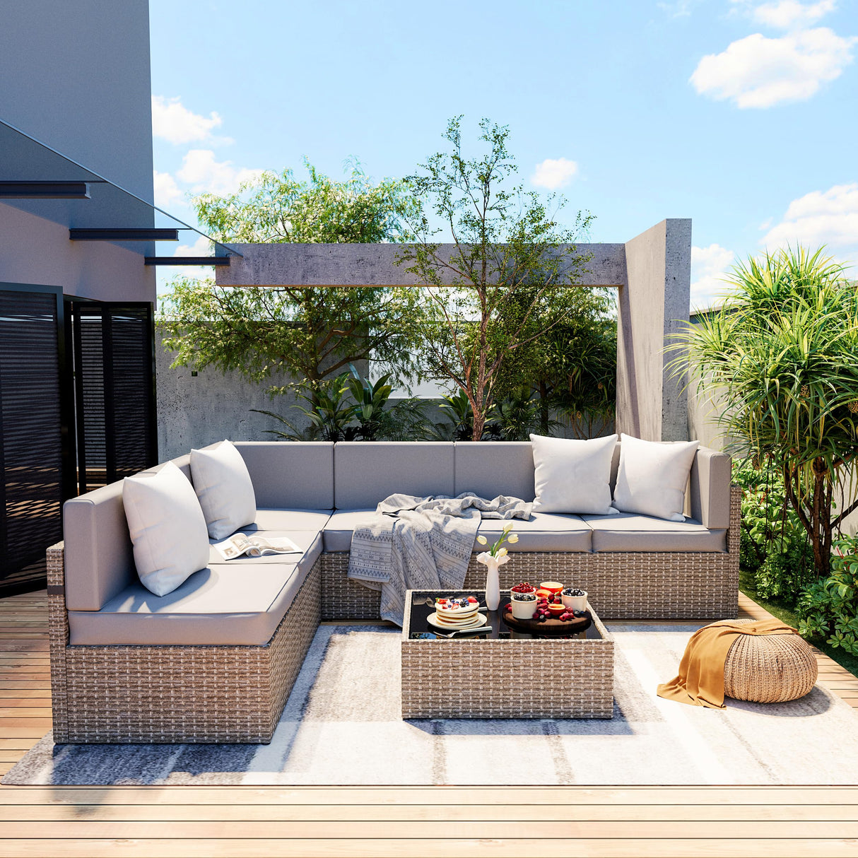 Pamapic 7 Pieces Outdoor Sectional Furniture, Wicker Patio sectional Furniture Sets, All-Weather Rattan Patio Conversation Set with Washable Cushions Covers, Gray Rattan(Gray Cushions) Pamapic