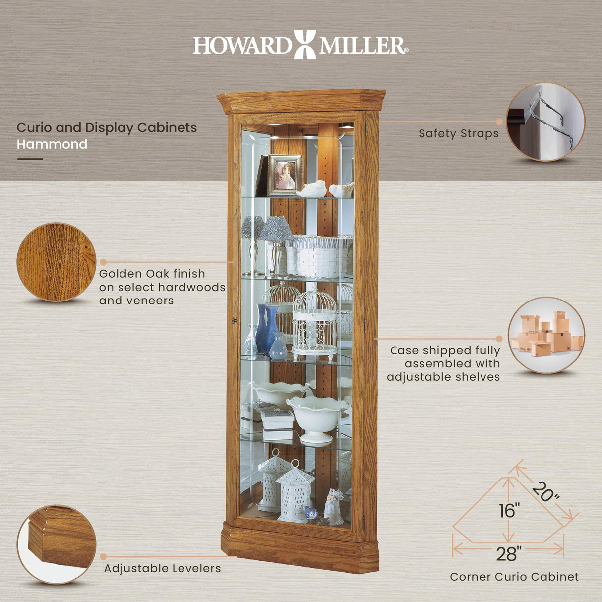Howard Miller Hammond Curio Cabinet II, Freestanding Storage Cabinets Floor Mount, Pad Lock Metal Shelf with Golden Finish for Decorative Items, Collectibles, Living Room & Office Howard Miller
