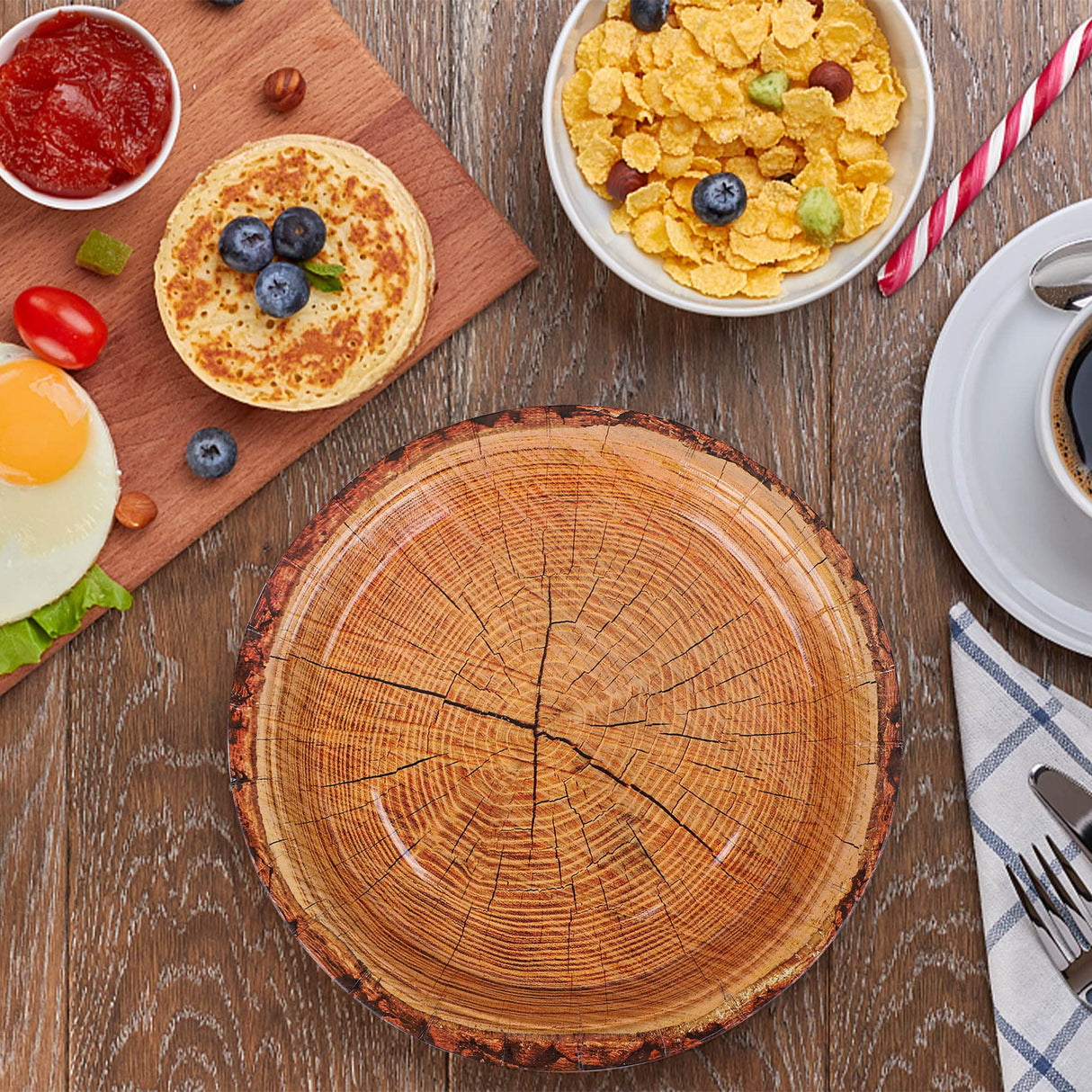 peony man 50 Count Wood Grain Paper Plates 9" Rustic Wood Slice Paper Plates Disposable Party Dinner Plates Farmhouse Round Paper Plate for Dining Table Decor Cut Timber Party Supplies peony man