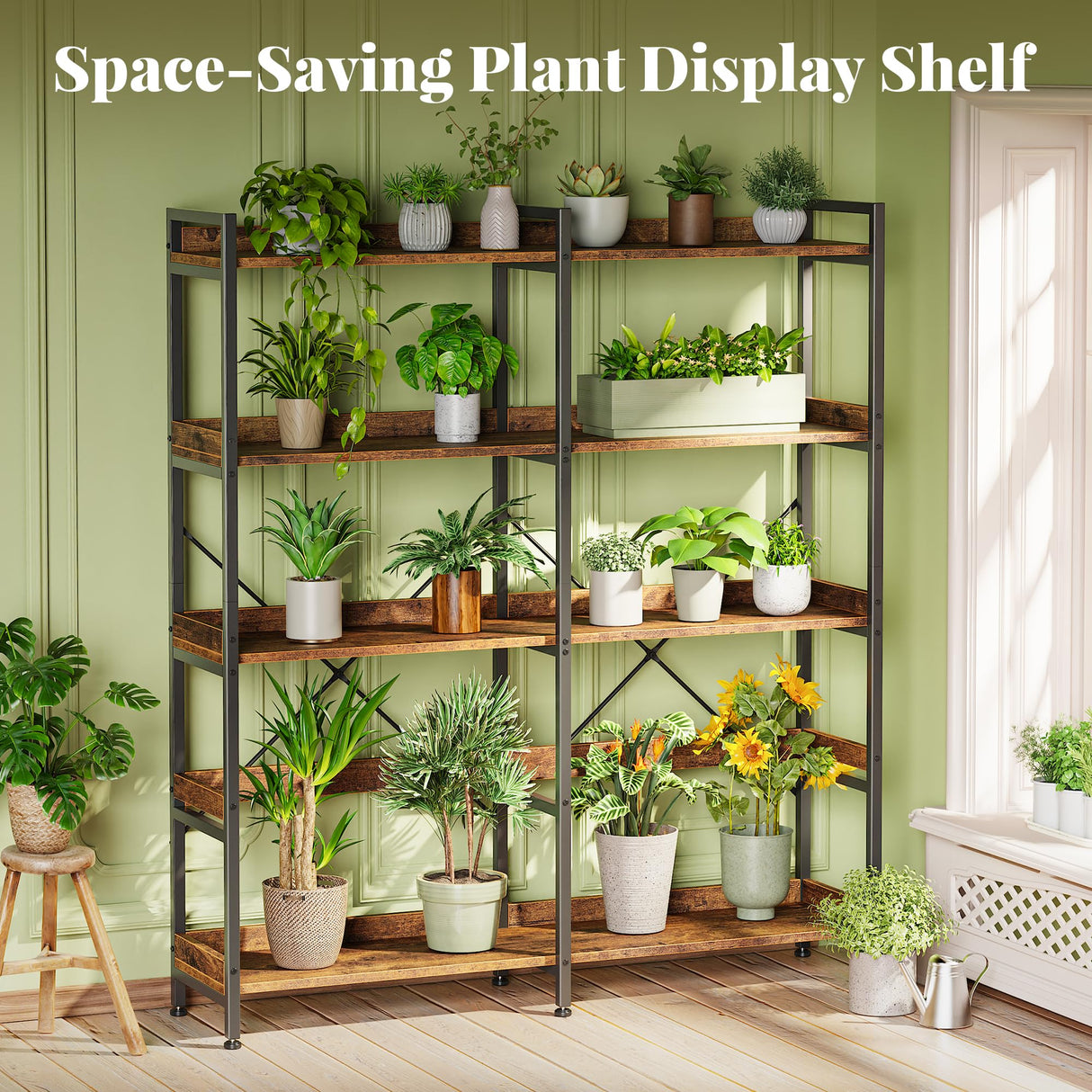 Huuger 5 Tier Bookshelf, Display Bookshelf with 10 Open Shelves and Raised Baffle, 47.2 Inch Straight Wide Bookcase with Metal Frame and Wooden Board, Adjustable Feet, Rustic Brown Huuger