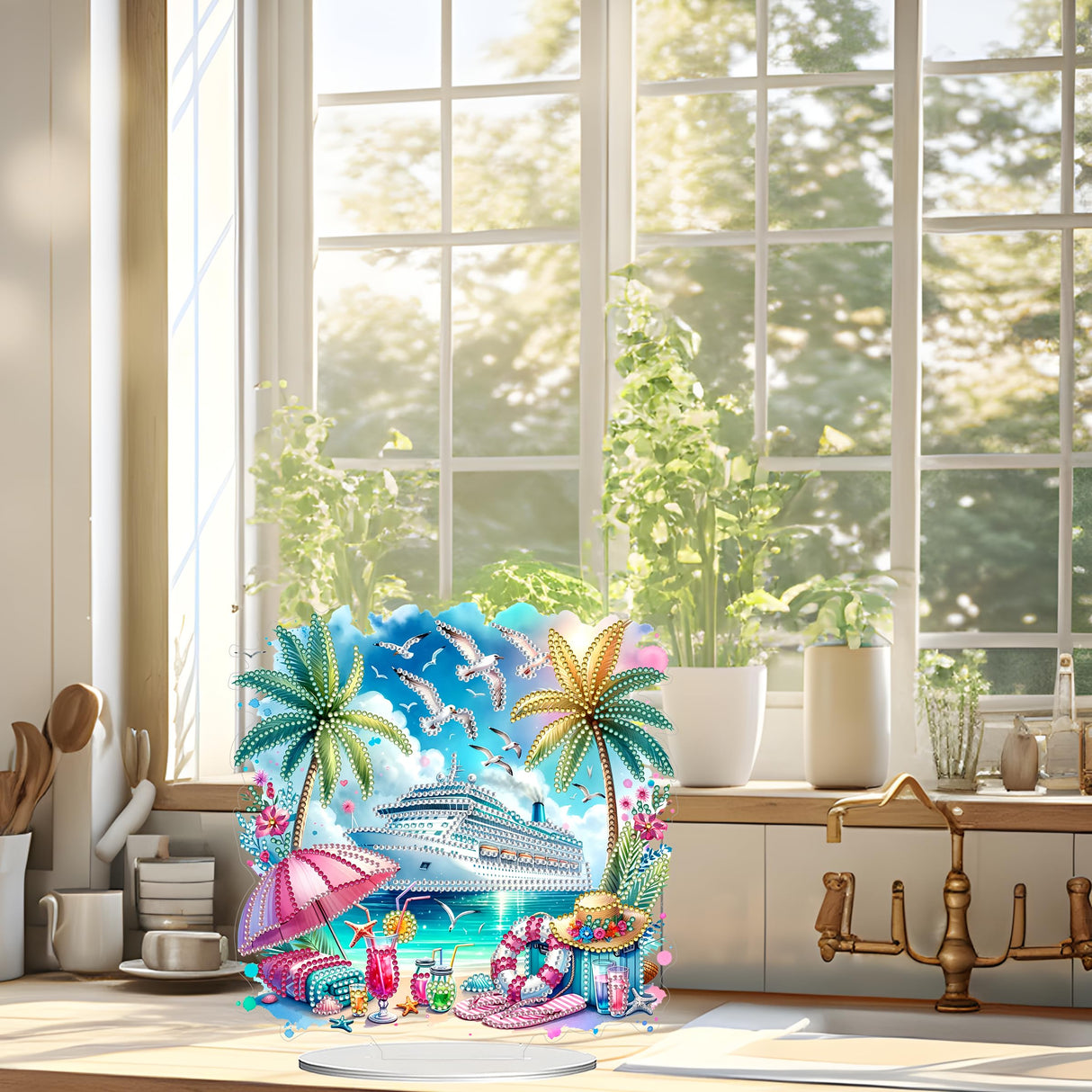 JJFox DIY Tabletop Diamond Art Painting Kit,Double Sided Desktop Ornament Special Shaped Rhinestone Desk Placement Ornament,Home Stand Up 5D Gem Painting Craft Kit,Gift (Summer Beach) JJFox