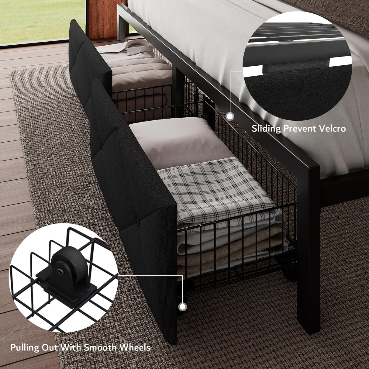 iPormis King Bed Frame with 2 Storage Drawers, Linen Upholstered Headboard Platform Bed with Charging Station, No Box Spring Needed, Metal Slats Support, Noise-Free, Easy Assembly, Black iPormis