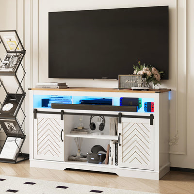 amzzar 58” Wooden Farmhouse TV Stand for 65 inch TV, Rustic Tall Entertainment Center with Power Outlets and Sliding Barn Door, TV Console Cabinet with Storage for Living Room, White, Large