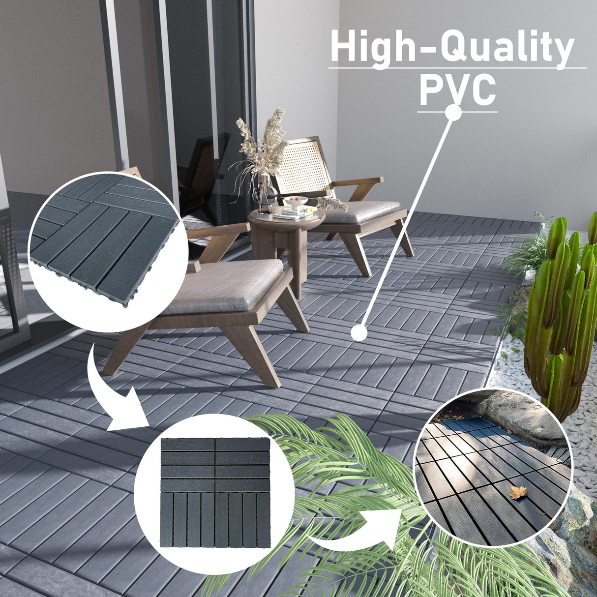 44 Pack Interlocking Deck Tiles, 12"x12"x0.8" Plastic Patio Flooring Outdoor Waterproof, All Weather Use for Balcony Porch Backyard Poolside(Dark Grey,Stripe) Xinghanzhenxuan