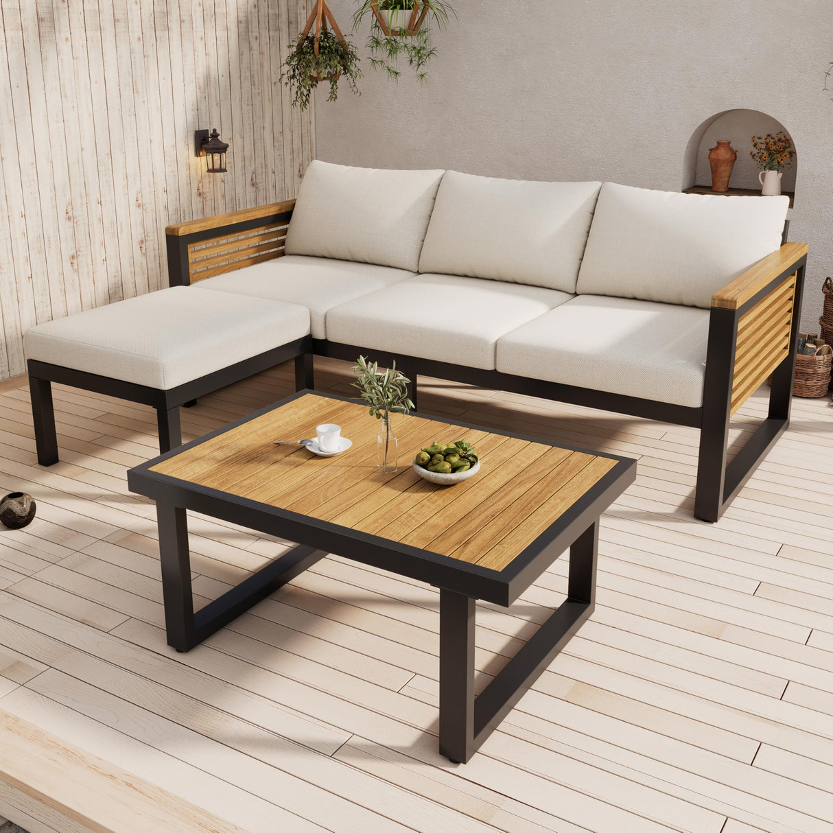 Christopher Knight Home Alvin 3-Piece Acacia Wood Metal Patio Furniture Set, Outdoor Sectional Conversation Sofa Chat Set with Coffee Table and Ottoman for Backyard or Balcony, Teak+Beige+Black Christopher Knight Home