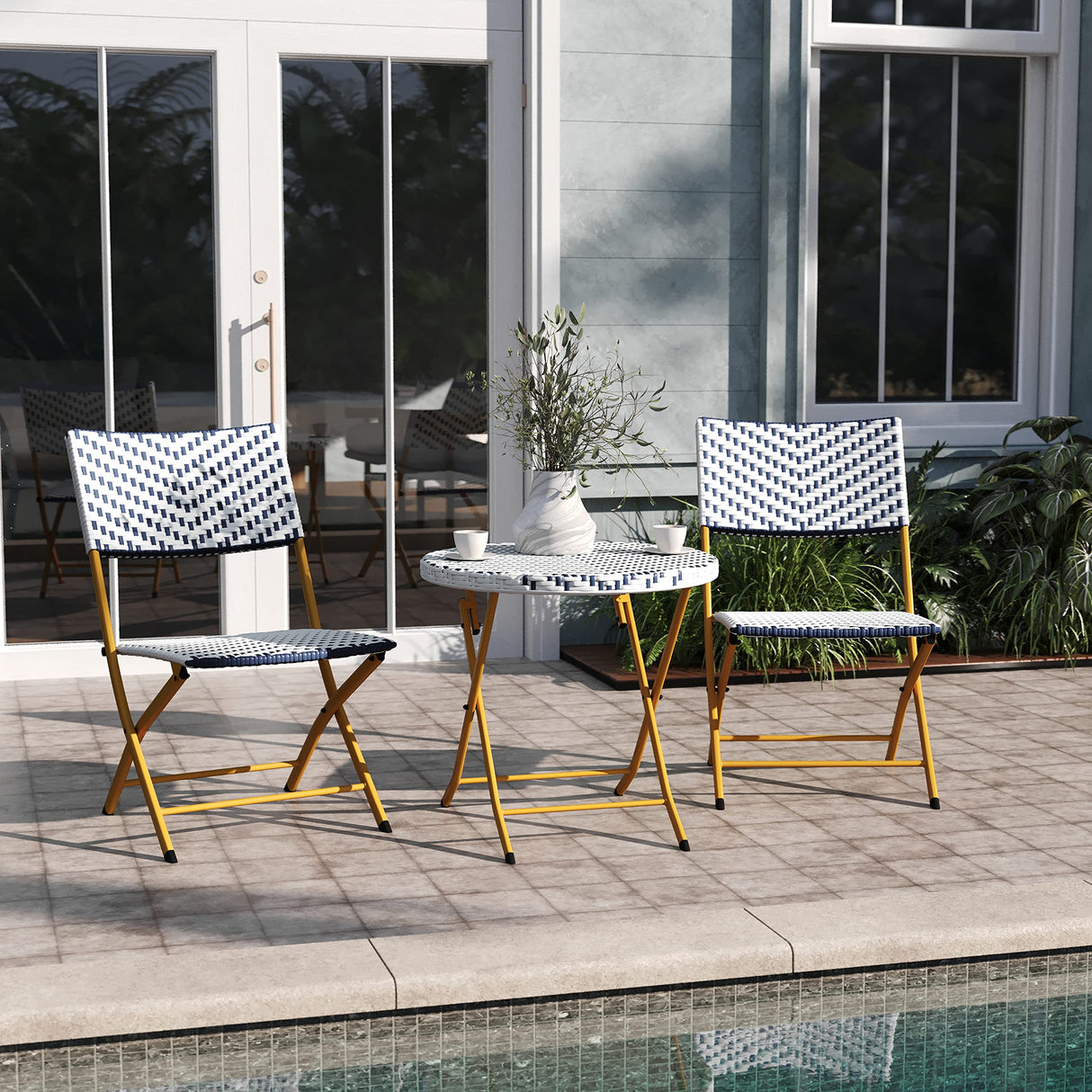 EMMA + OLIVER Ciel Three Piece Folding Bistro Set - Navy and White PE Rattan - Natural Finish Metal Frames - Indoor/Outdoor Use EMMA + OLIVER