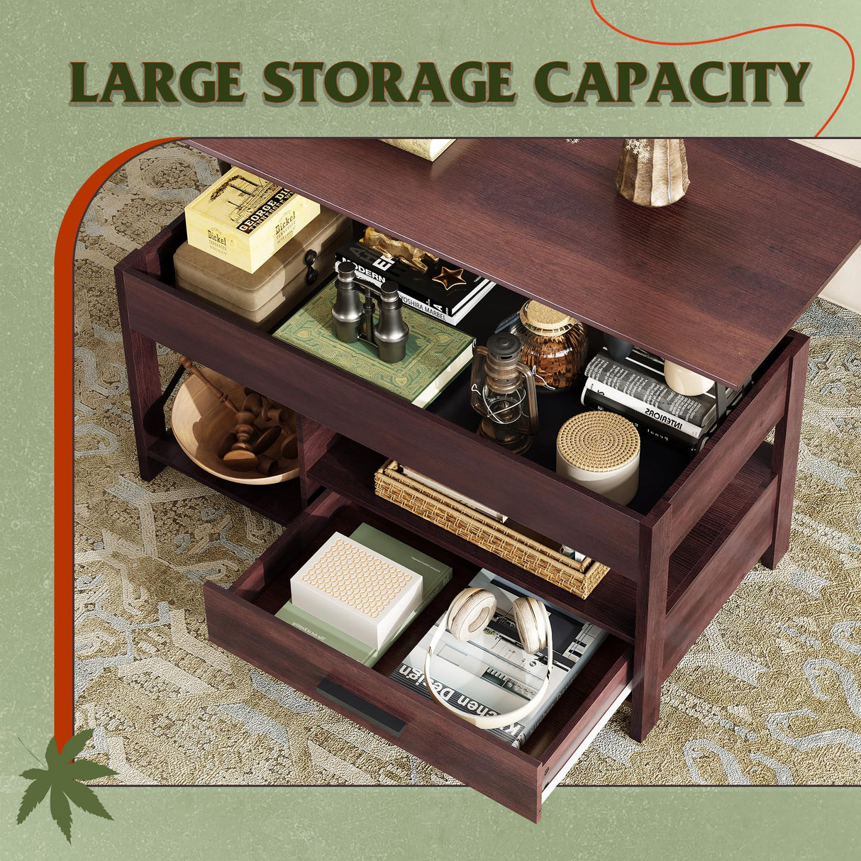 WLIVE Coffee Table, 39" Lift Top Coffee Table with Hidden Compartment and Sorage Drawers for Living Room,Espresso WLIVE