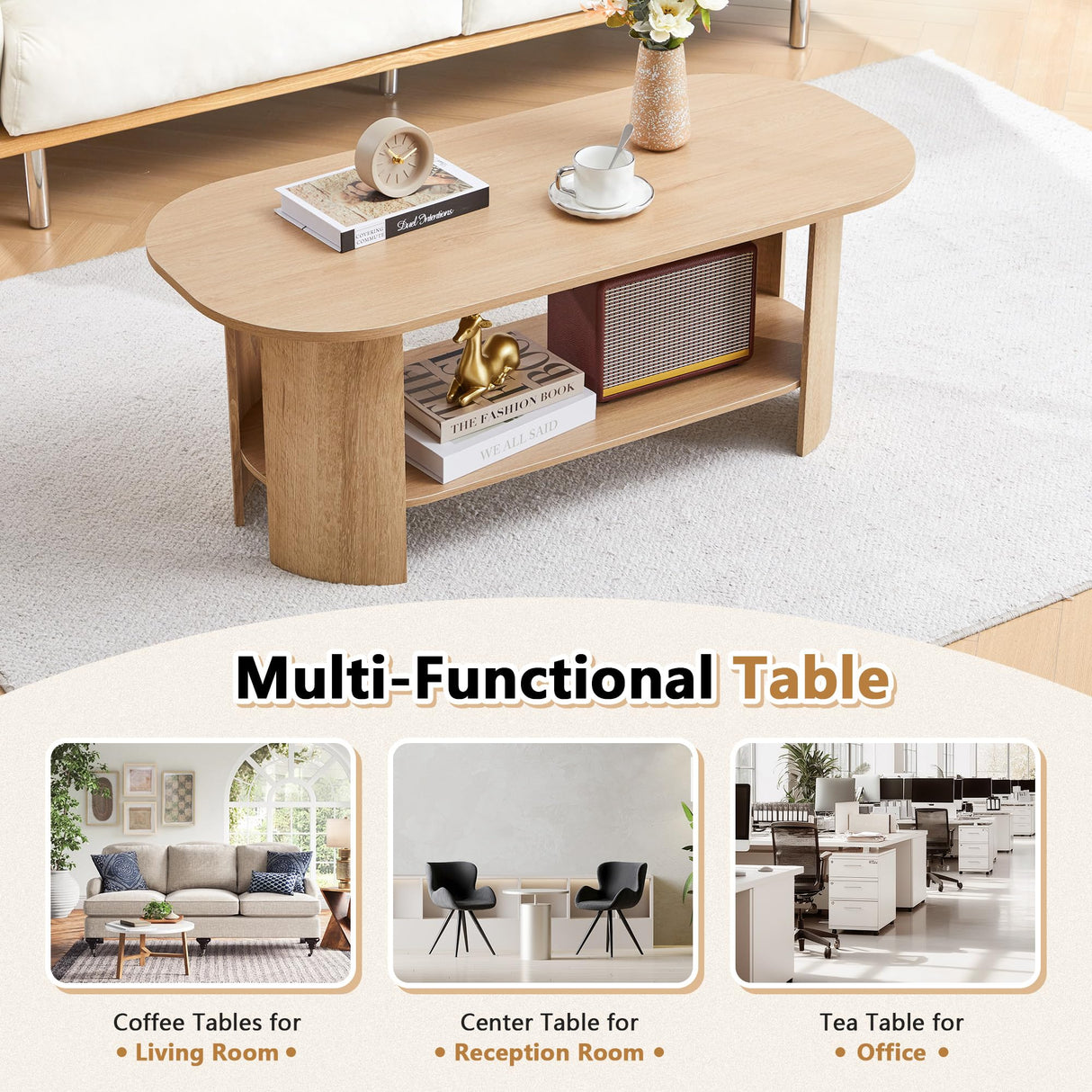 MAHYIZYI 43.3” Oval Coffee Tables for Living Room, Wood Farmhouse Coffee Table with Storage, 2-Tier Center Table with Storage Shelf Low Tea Table for Small Space, Home, Office (Natural) MAHYIZYI