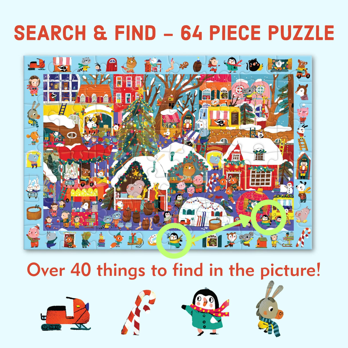Mudpuppy Christmas Market – 64 Piece Search & Find Jigsaw Puzzle Featuring Festive Critters Shopping Around The Christmas Market and Over 40 Hidden Images to Find Mudpuppy