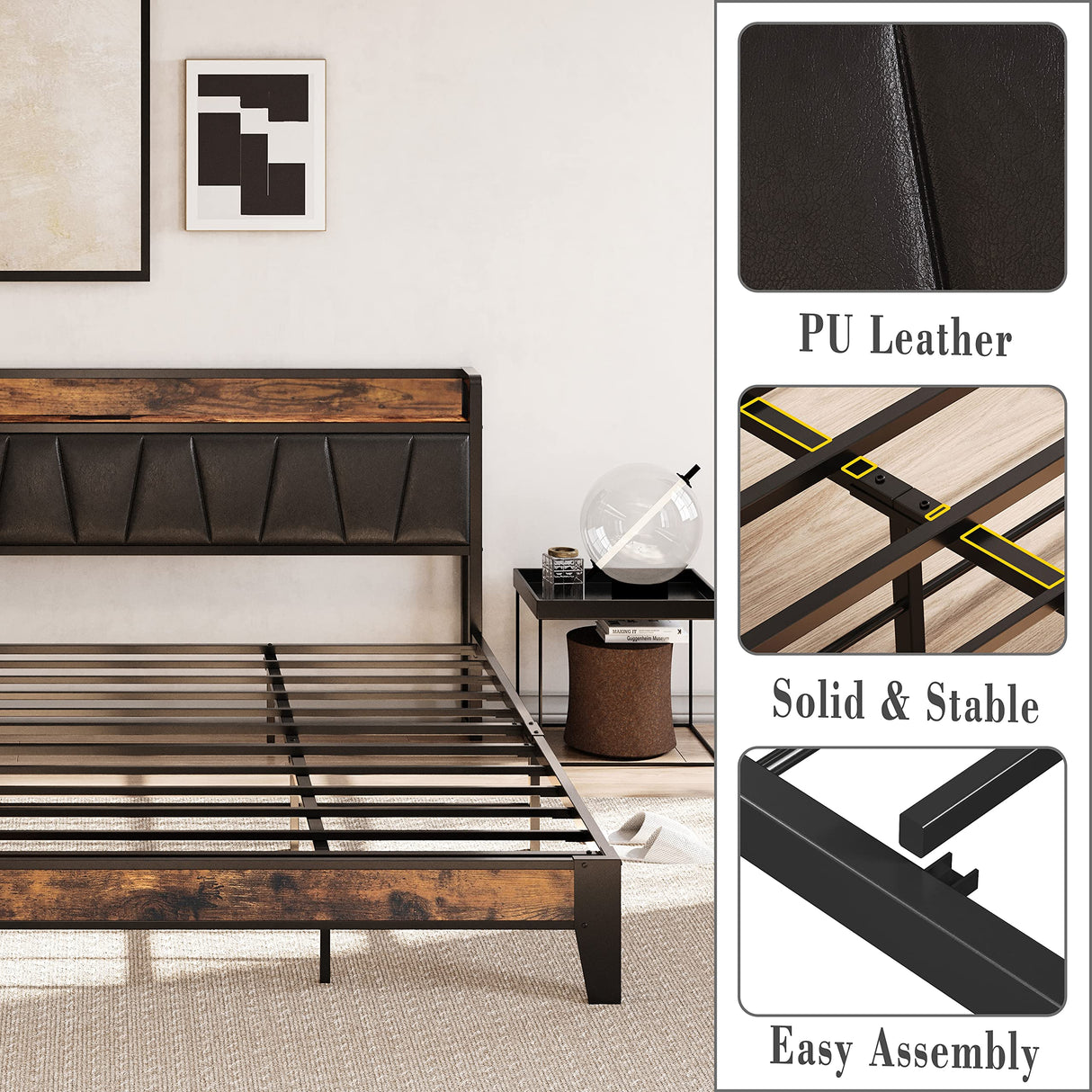 LIKIMIO Vintage Brown King Bed Frame with Storage Headboard and Charging Station LIKIMIO