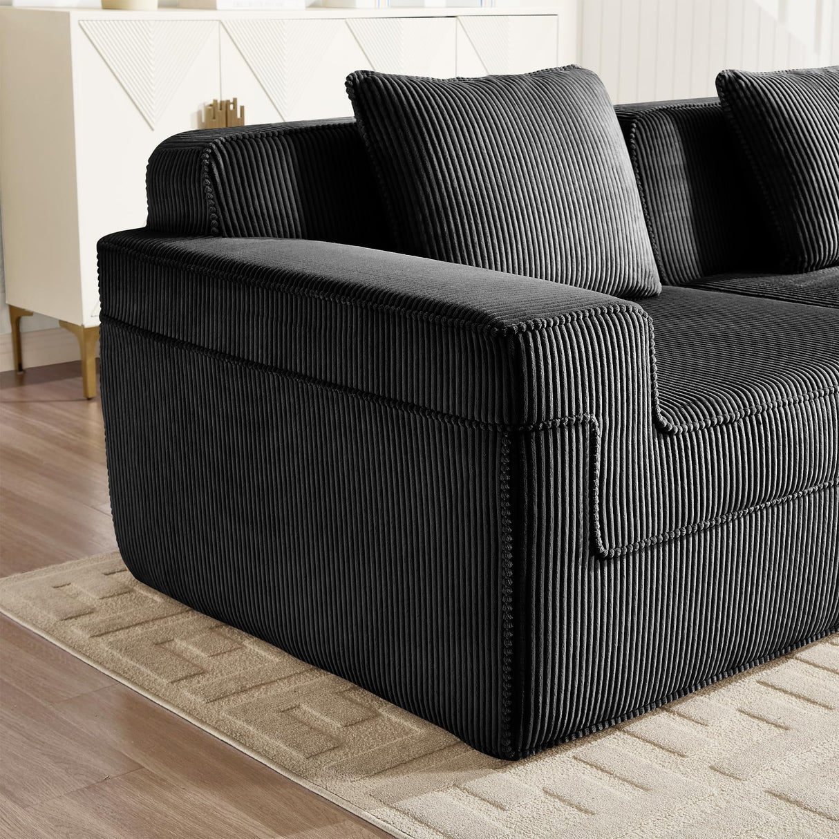 KEIKI Modular 2 Seat Loveseat Boneless Sofa, Cloud Sectional Couch with Deep Seat, Modern Modular 2-Seat Sofa Couch with Throw Pillows Corduroy Fabric, No Assembly Required, Black KEIKI