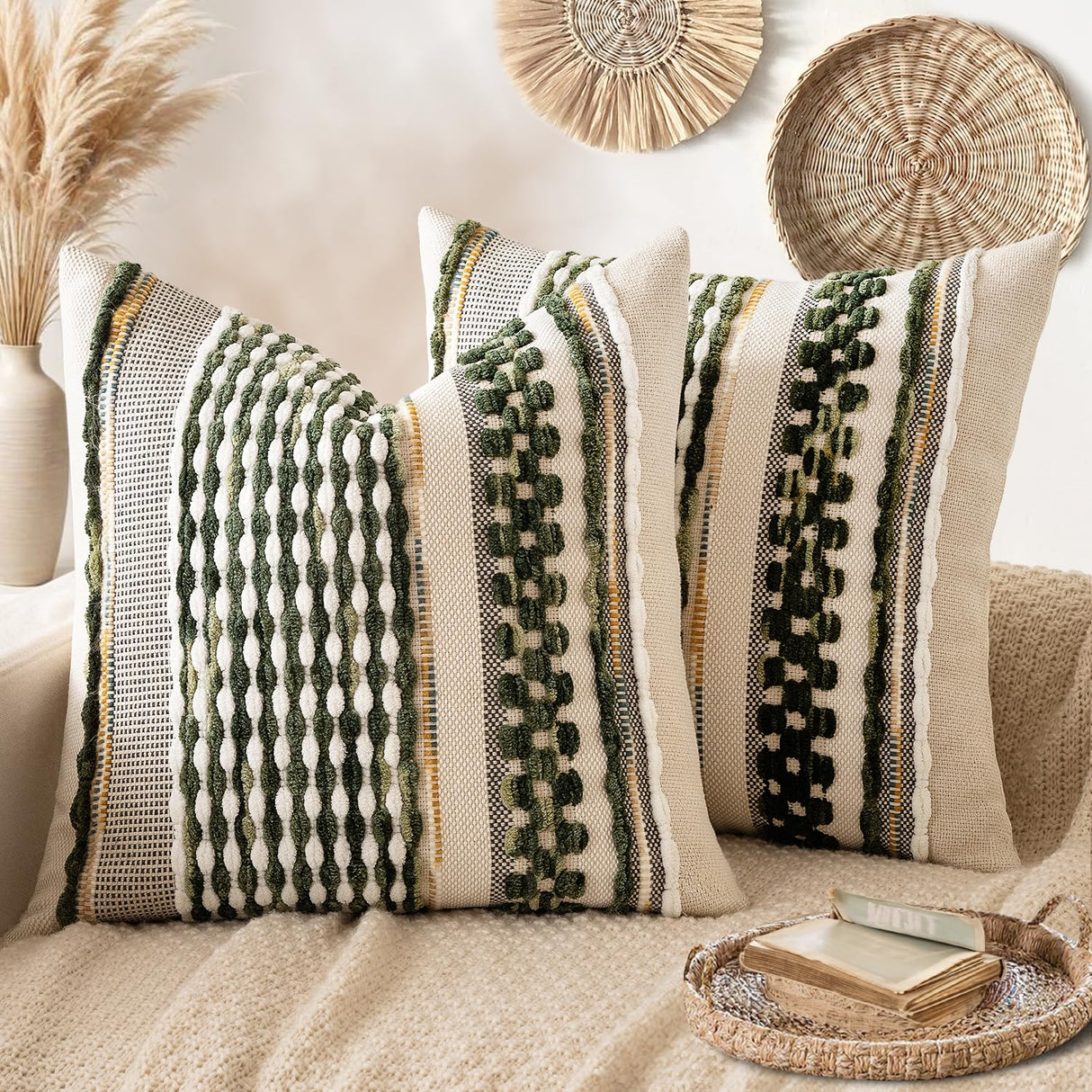 ANRODUO Pack of 2 Boho Decorative Throw Pillow Covers 18x18 Farmhouse Cushion Case Striped Chenille Pillow Cases Square Pillow Covers Accent Neutral Pillowcase for Sofa Couch Bed, Olive Green Stripe ANRODUO