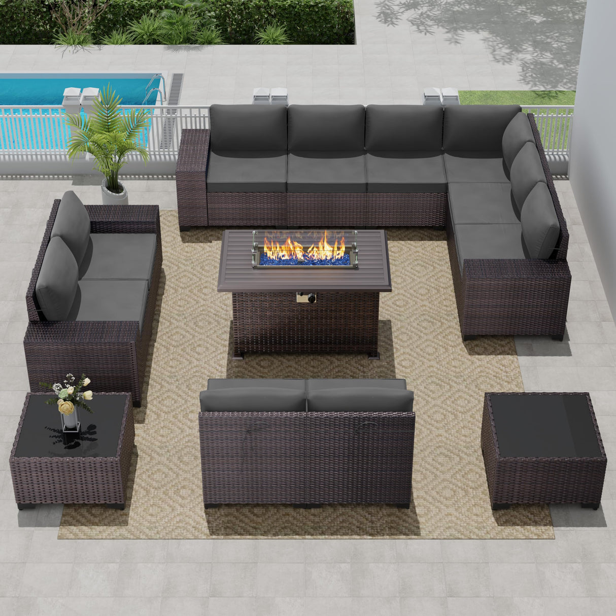 RTDTD Outdoor Patio Furniture Set with Propane Fire Pit Table, 13 Pieces Outdoor Furniture Patio Sectional Sofa Conversation Sets w/ETL Approved 43" Gas Outdoor Fire Table & Coffee Table (Grey) RTDTD
