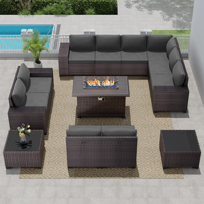 RTDTD Outdoor Patio Furniture Set with Propane Fire Pit Table, 13 Pieces Outdoor Furniture Patio Sectional Sofa Conversation Sets w/ETL Approved 43" Gas Outdoor Fire Table & Coffee Table (Grey)