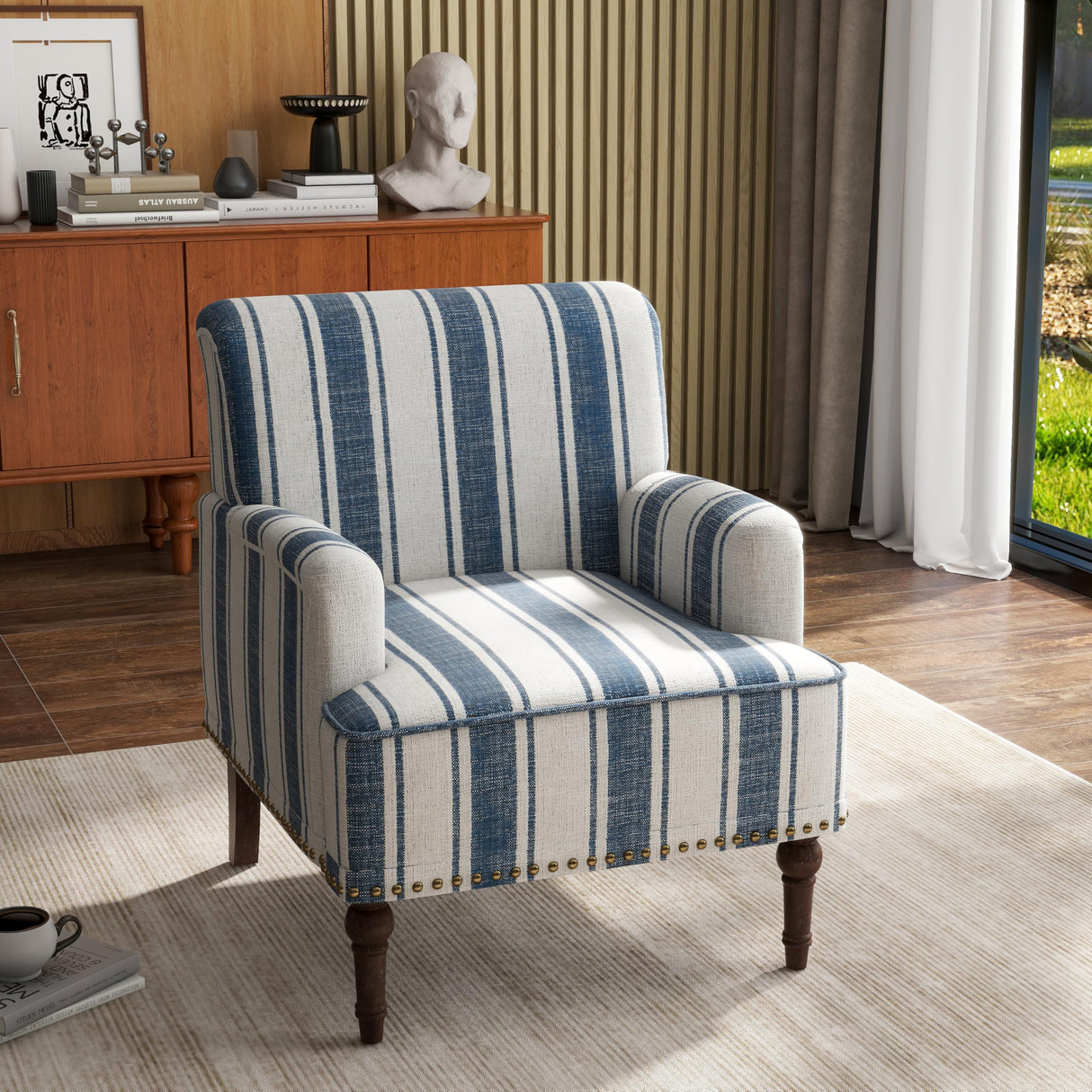 UIXE Stripe Accent Chair Arm Chair, Modern Nailhead Trim Club Armchair with Wood Legs, Comfy Living Room Single Sofa Reading Seat Bedroom Side Seating for Home Office, Dark Blue UIXE