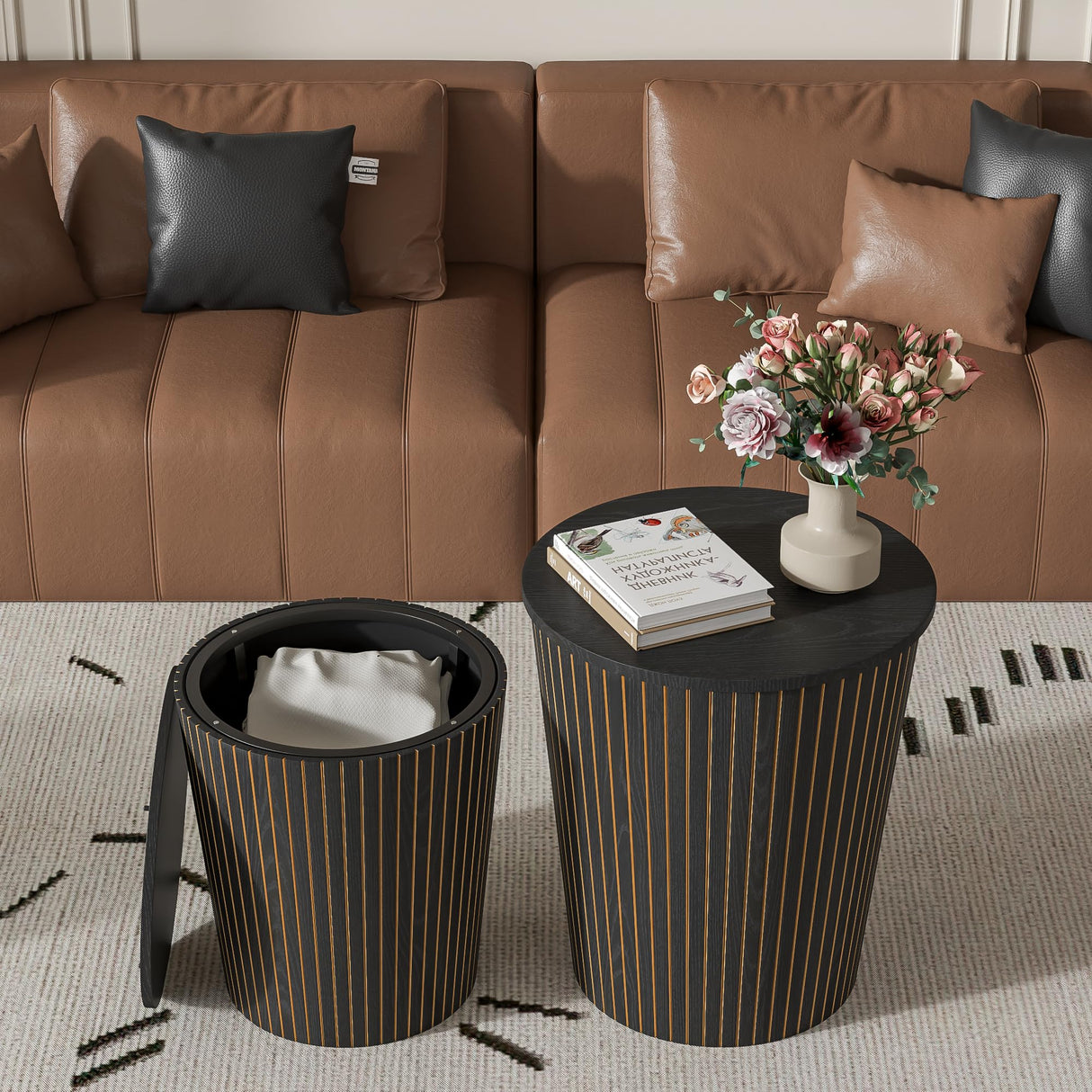 Round Coffee Table Set,2-Piece Modern Farmhouse Living Room End Table Set, Nesting Table Round Natural Finish for Living Room (Black, 17.72'') Lisicues