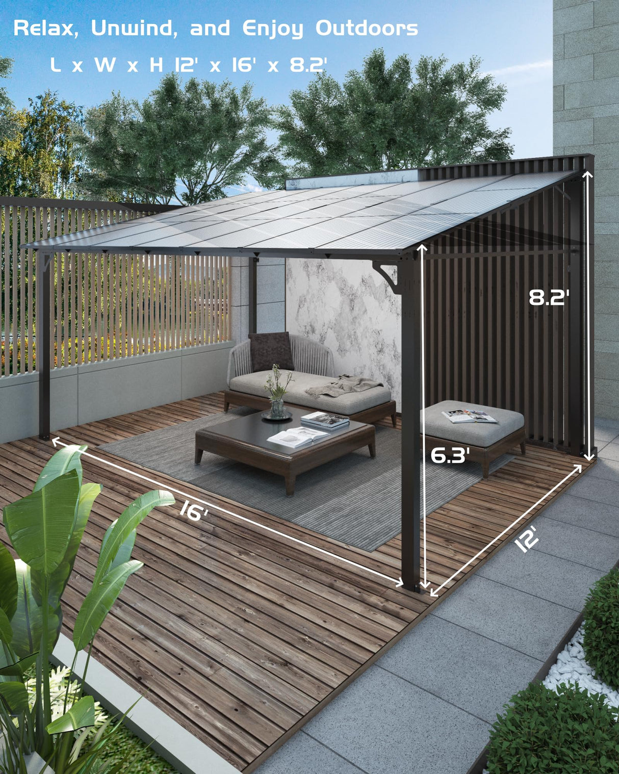 GarveeLife 12' x 16' Lean to Gazebo, Hardtop Wall Pergola with Polycarbonate Roof, Aluminum Frame Mounted Gazebo for Lawn Patio Deck Yard and Party Garveelife