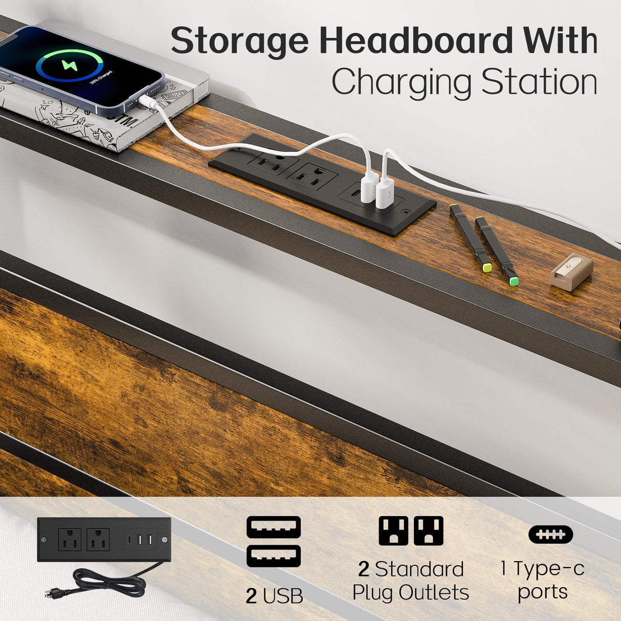 Twin Bed Frame with Storage Headboard and USB Charging Station, Smart LED Lights, Noise Free, Metal Platform Bed Easy Assembly, No Box Spring Needed Liians