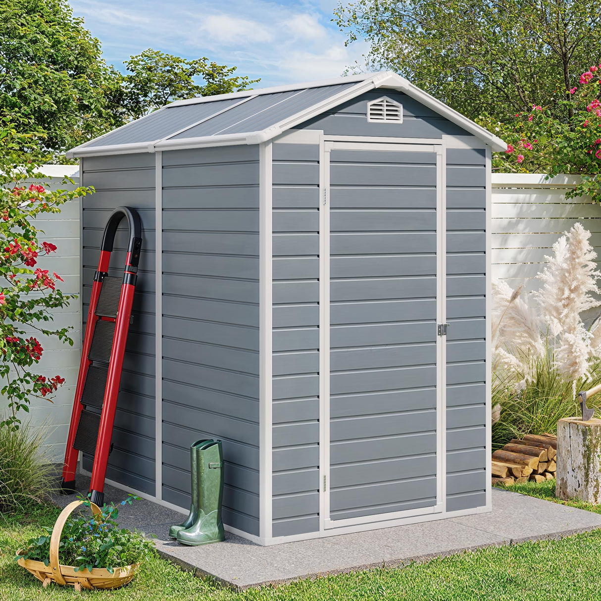 Gizoon 6x4 FT Outdoor Storage Shed with Floor, Resin Garden Tool Shed with Lockable Doors, Window, Vents, Reinforced Steel Frame, Waterproof Plastic Storage Sheds for Backyard, Patio, Lawn Gizoon