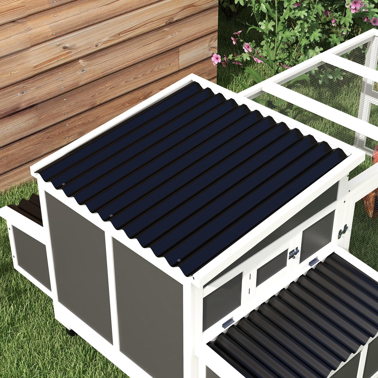 PawHut Wooden Chicken Coop with Nesting Box, Outdoor Poultry Cage or Rabbit Hutch for 6 Chickens with Pull Out Tray, Run, Perches, Ramp, Windows for Duck, Hen, Small Animals, Dark Gray PawHut