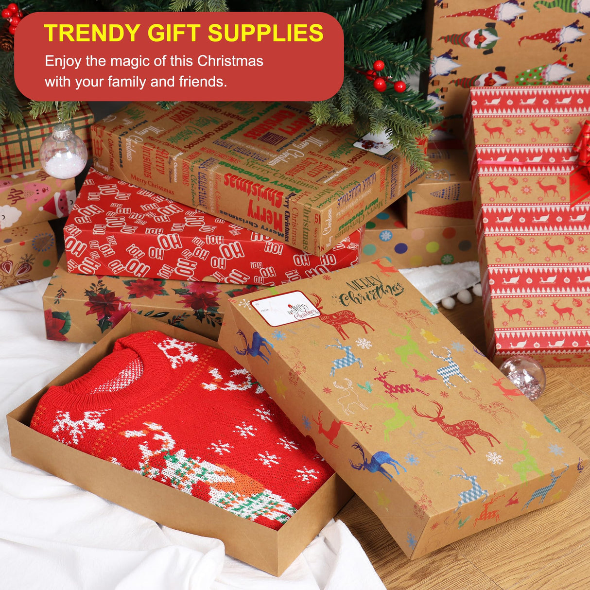 Giiffu 14.5" Medium Kraft Gift Boxes with Lids, 12 Pack Christmas Shirt Boxes with 12 Holiday Designs – Includes Tissue Paper & Stickers Giiffu
