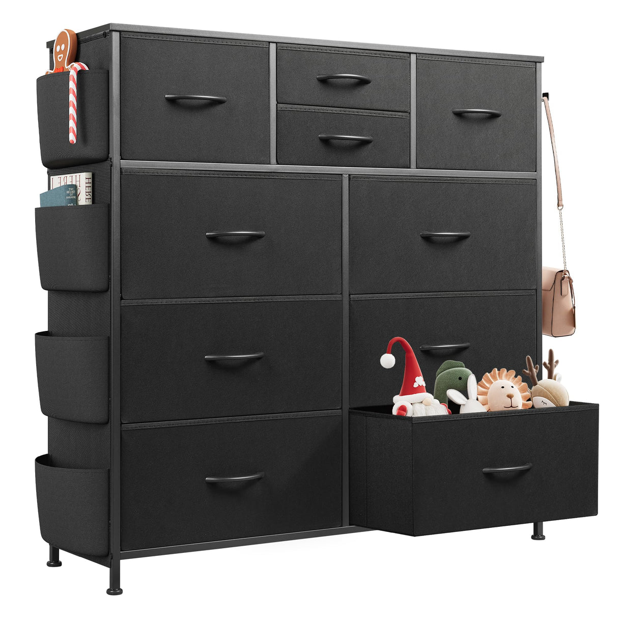 WLIVE Dresser for Bedroom with 10 Drawers, Fabric Dresser Chest of Drawers with Side Pockets and Hooks, Sturdy Metal Frame, Drawers Organizer Unit for Living Room, Hallway, Black WLIVE