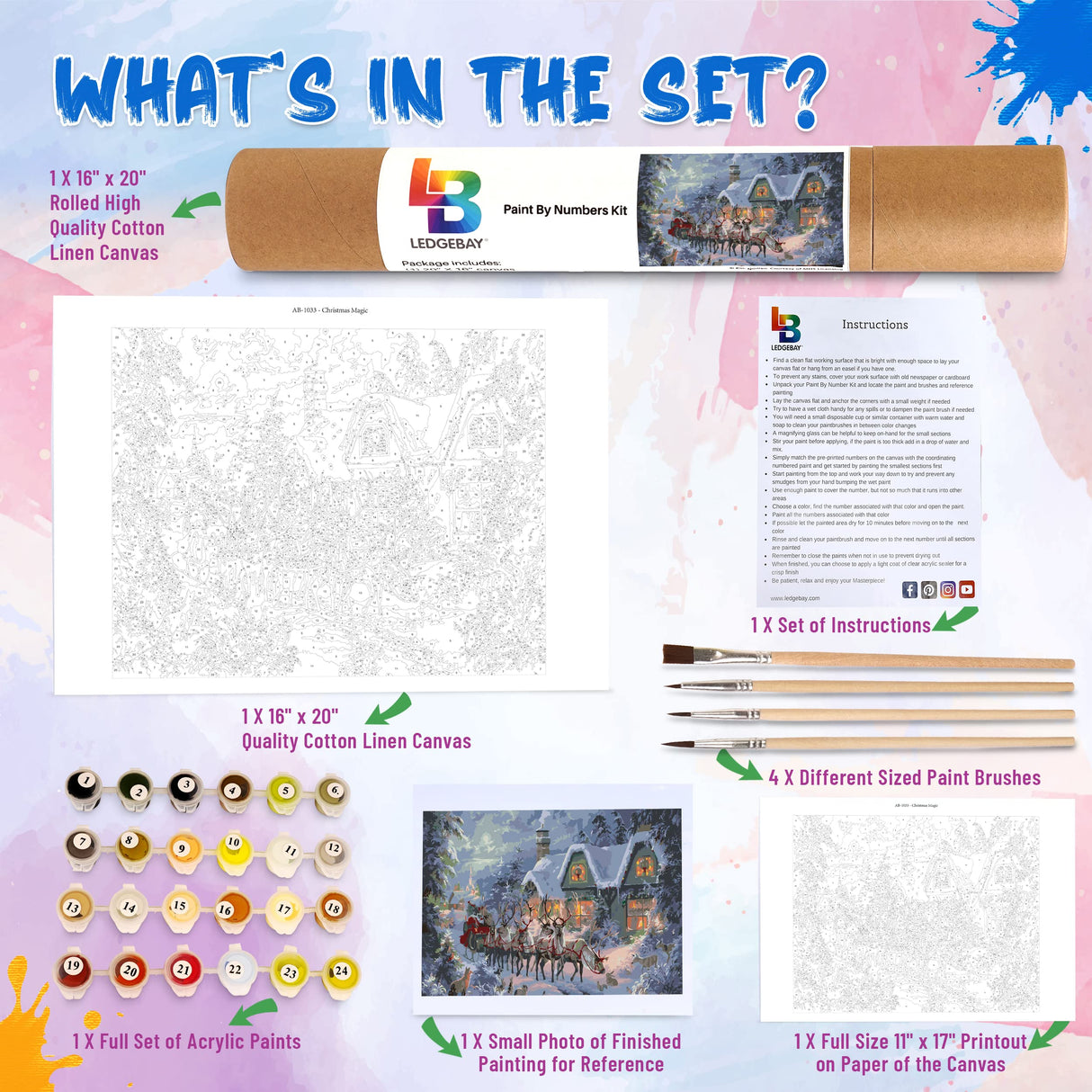 Ledgebay DIY Paint by Numbers Kit for Adults Unframed Canvas: Beginner to Advanced Paint by Numbers Kit Kits Include Acrylic Paint set 4 Brushes & Tabletop Easel - (Christmas Magic 16" x 20" Unframed) Ledgebay