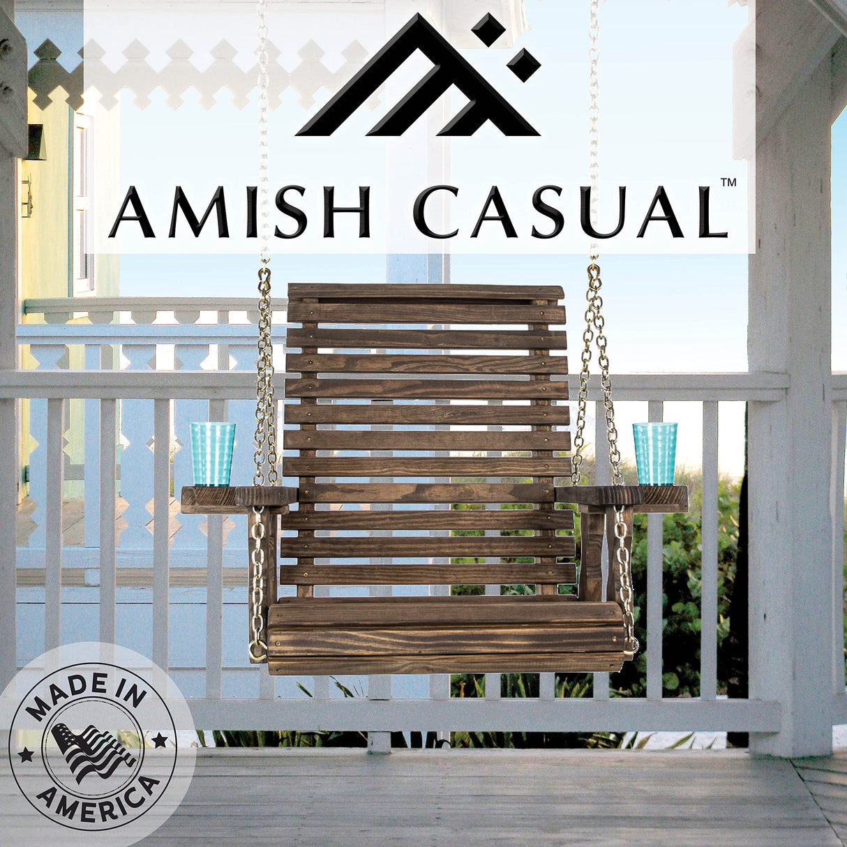 Amish Casual Heavy Duty Roll Back Pressure Treated Swing Chair with Cupholders (Dark Walnut Stain) Amish Casual