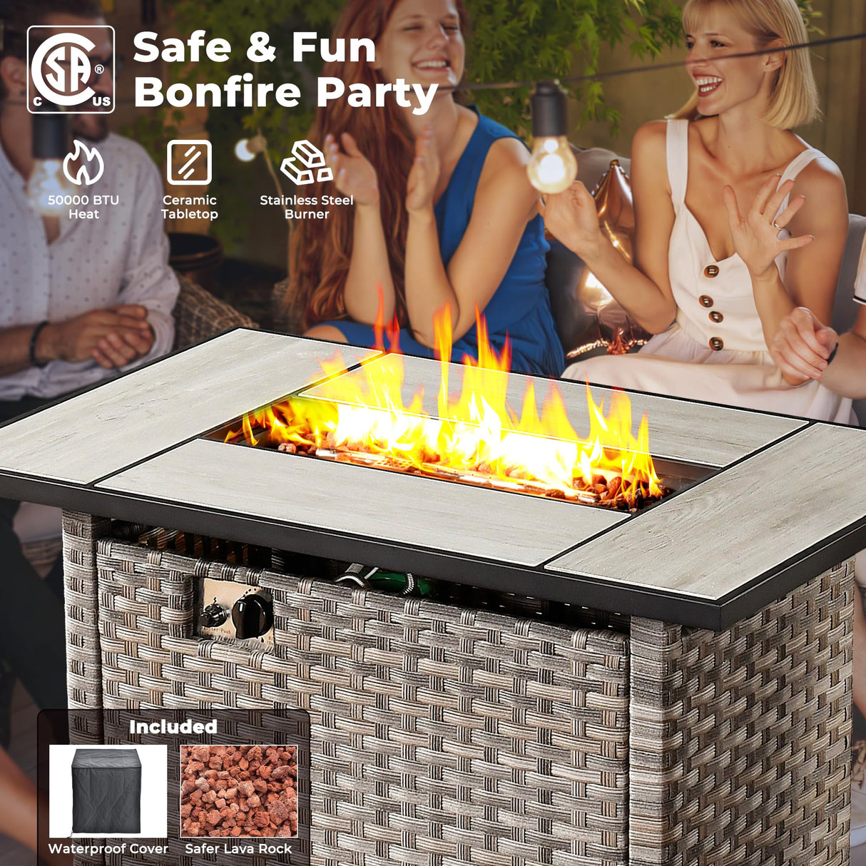 ovios 13 Pieces Patio Furniture Set, Outdoor Sectional Sofa with Rectangular Fire Pit Table, Wide Armrests and Deep Seat, Modern Modular Wicker Rattan Conversation Set, Beige ovios