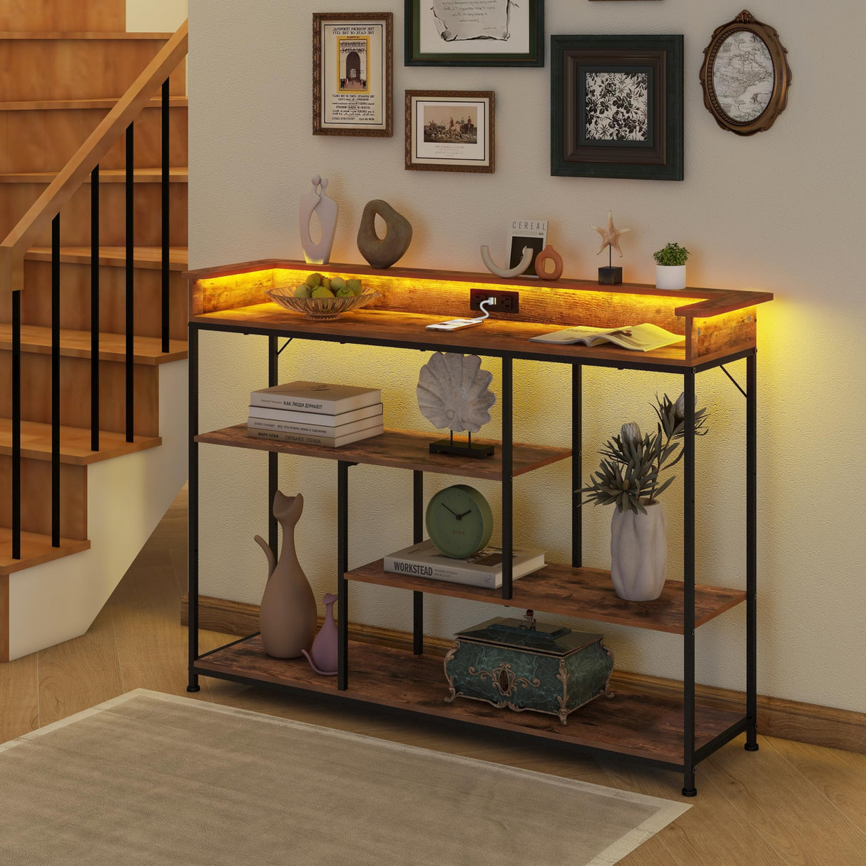 Welfuturer Console Table with Outlets and USB Ports 4Tier Sofa Table with LED Light and Open Shelves Industrial Entryway Hallway Side Table for Living Room Foyer Couch Hallway Rustic Brown Welfuturer