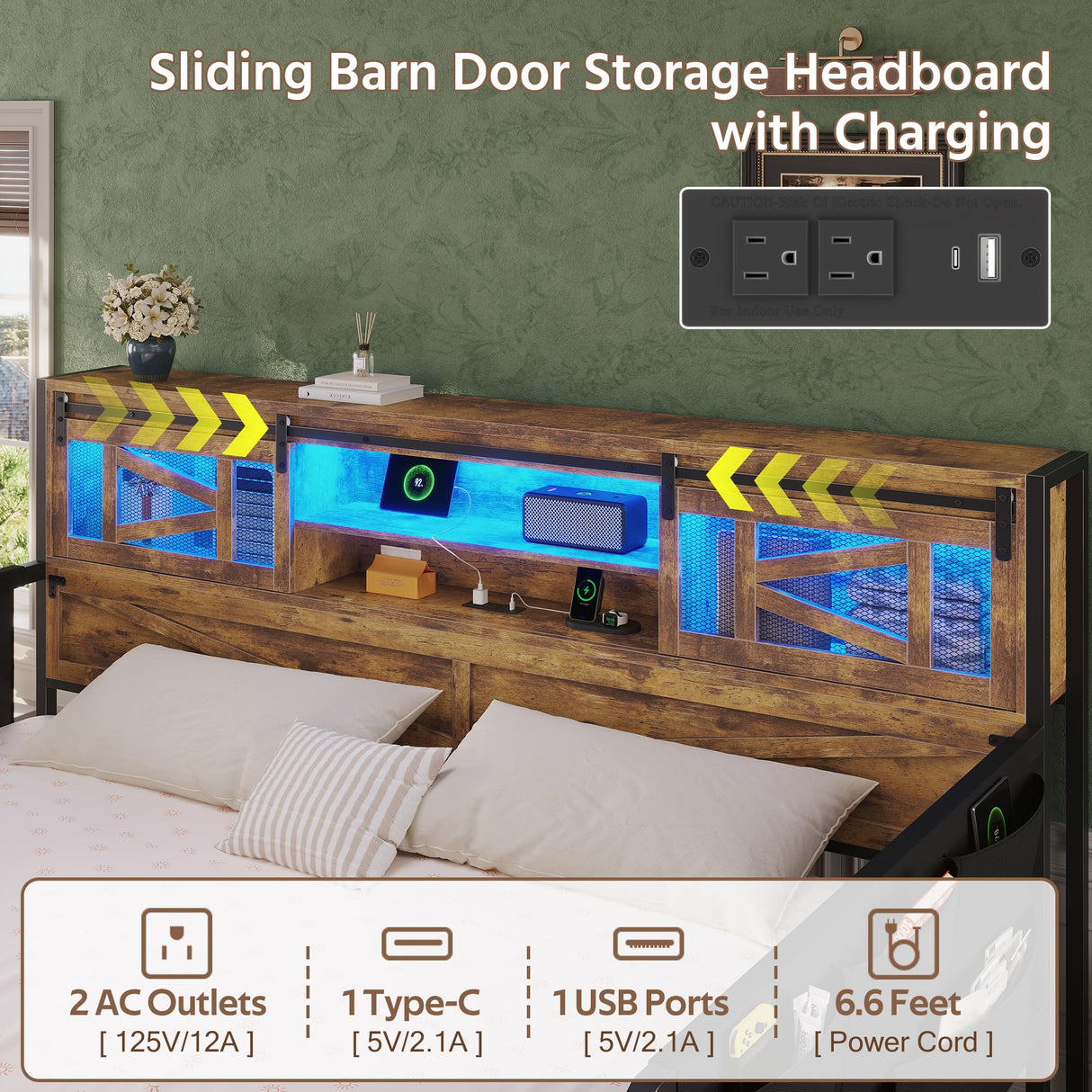 Dnxao Daybed with Pop Up Trundle,Farmhouse Twin to King Daybed with 2-Tier Storage,LED Lights and Charging Station,2 Storage Pockets,Twin Bed Frame for Living Room,Bedroom,Rustic Brown Dnxao