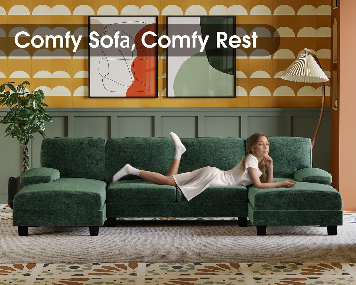 Furmax Sectional Couches for Living Room, U-Shaped Sofa Couch with Linen Fabric, 4 Seat Sofa Set with Double Chaise for Apartment (Fabric, Green) Furmax