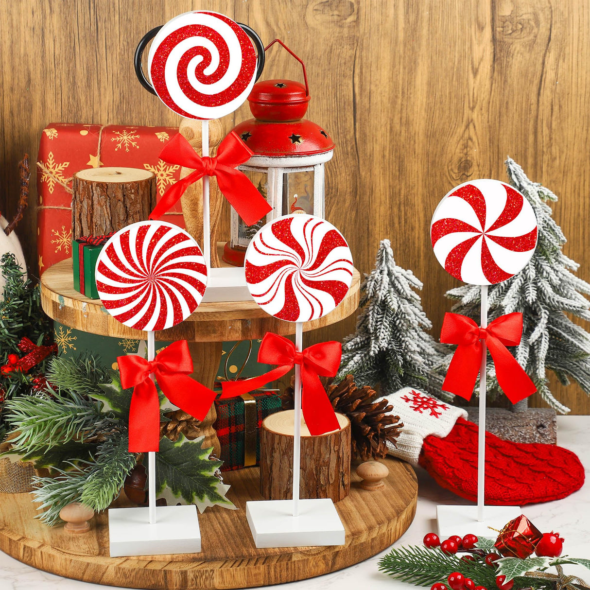 Christmas Wood Tabletop Decor Candy Standing Wooden Table Sign Red Christmas Tiered Tray Decor Rustic Christmas Candy Centerpieces for Xmas Holiday Party Home Kitchen Decor, 4 Pcs Augisteen