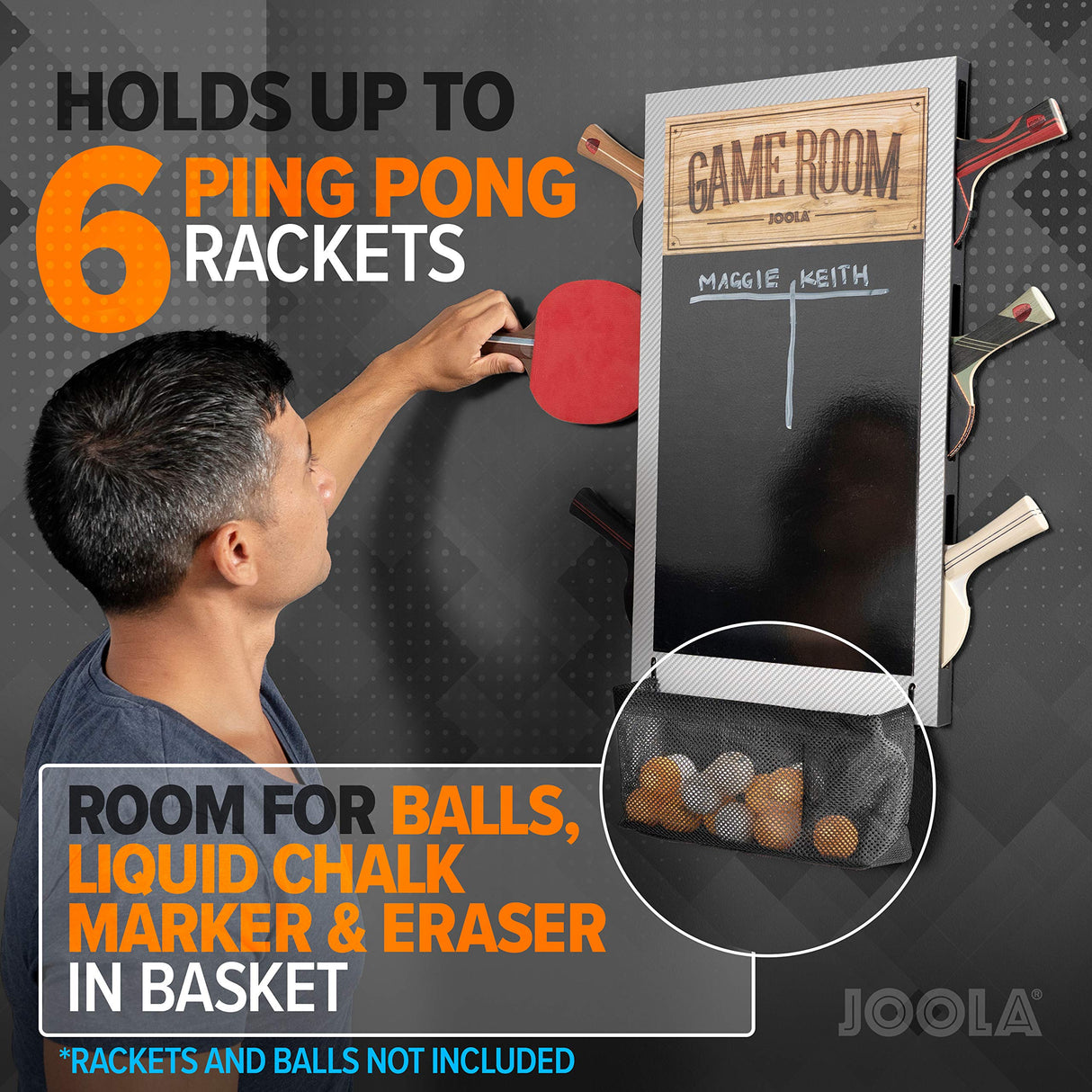 JOOLA Game Room Organizer with Ping Pong Paddle Holder, Table Tennis Ball Basket, Scoreboard, and Chalkboard JOOLA