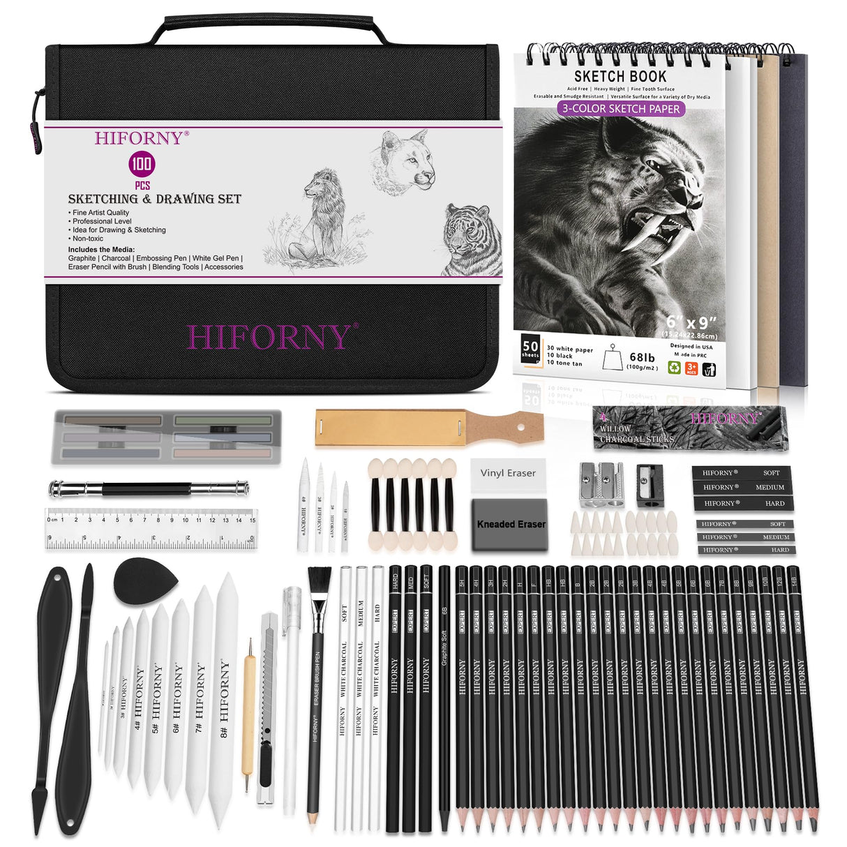 HIFORNY 100 PCS Drawing Set Sketching Kit,Sketch Pencils Art Supplies with Graphite,Charcoal,Blending Tools & Accessories,Portable Zippered Travel Case for Artists & Beginners HIFORNY