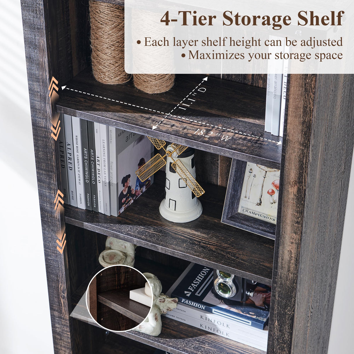 RedLemon 72" Tall Dark Rustic Oak Bookshelf with Storage Cabinet and Adjustable Shelves RedLemon