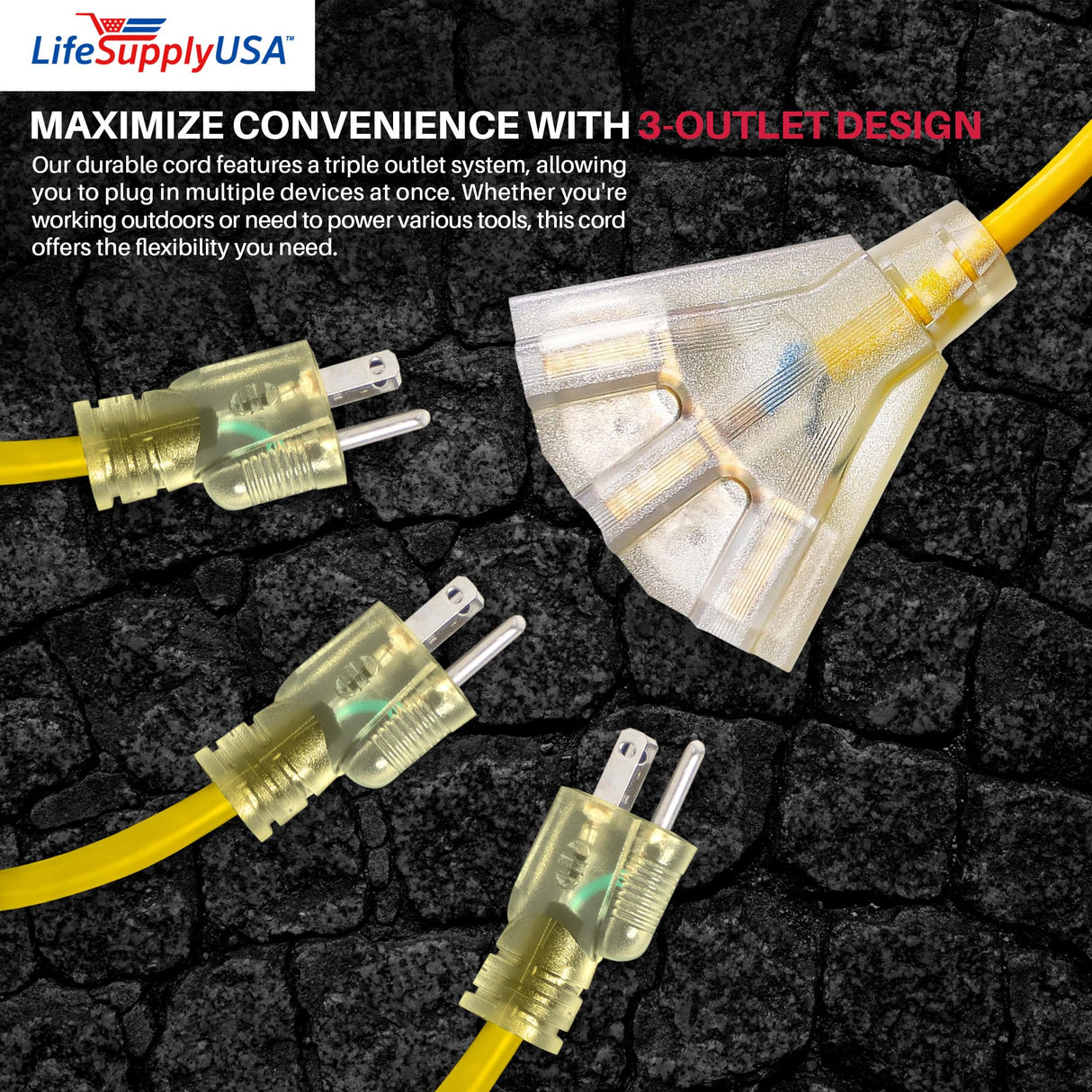 75ft Power Outdoor Extension Cord & Indoor - Waterproof Electric Drop Cord Cable - 3 Prong, 3-Outlet, SJTW, 12 Gauge, 15 AMP, 125 Volts, 1875 Watts, 12/3 by LifeSupplyUSA - Yellow (1 Pack) LifeSupplyUSA