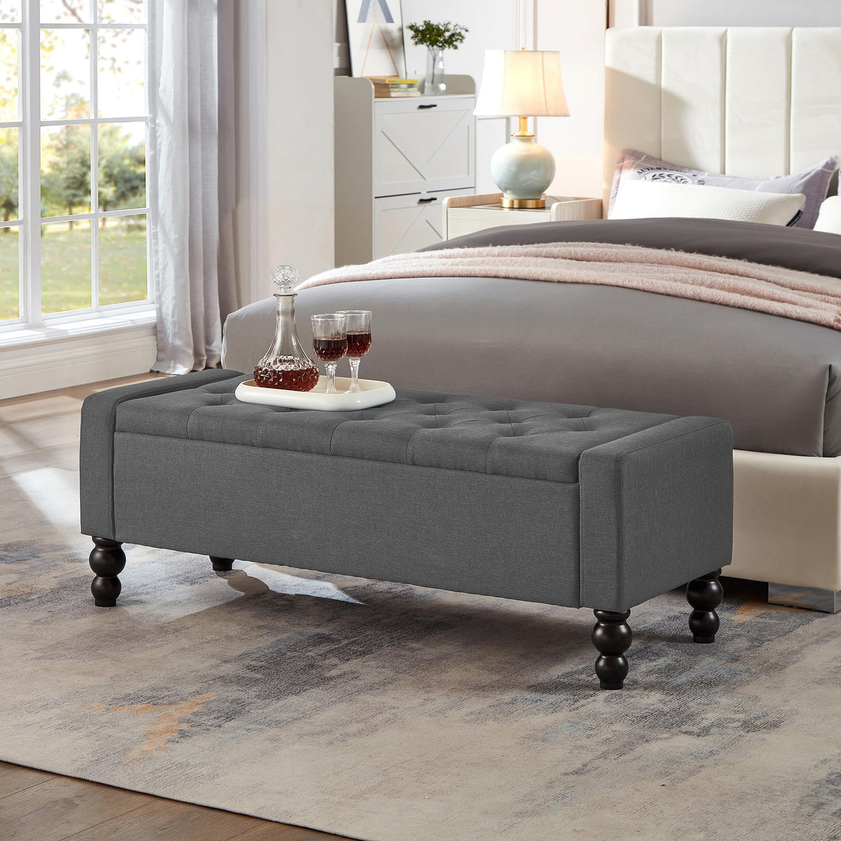 DRM‘SCUUM 50" W Storage Ottoman Bench with Safety Hinge, Load up to 660 lb Ottoman with Storage, Upholstered Tufted Entryway Bench with Seating for Living Room, Bedroom, Entryway, Dark Gray DRM‘SCUUM