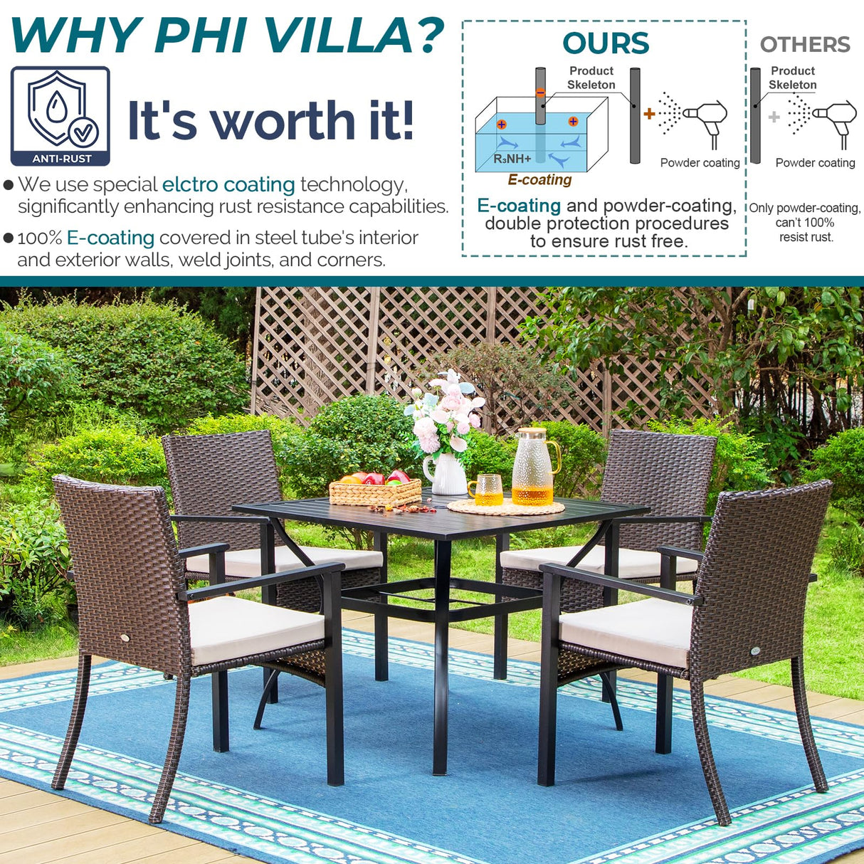 PHI VILLA 7 Pieces Patio Dining Set for 6, 65” Wood-Like Metal Steel Dining Table & Rattan Wicker Chairs with Cushions, Large Dining Furniture Set for Outdoor Deck, Yard, Porch PHI VILLA